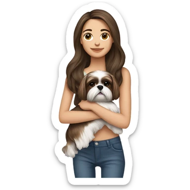 Young brunette hair woman with a shih tzu in her arms long hair sticker