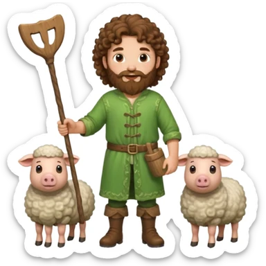 happy young shepard with long curly brown beard and long curly brown hair, in green magical outfit, with wooden shepard stick in hands, taking care of sheep and pigs sticker