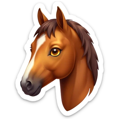Cinematic Cute Bay Horse Portrait Emoji, Head tilted playfully and inquisitively, showcasing a glossy bay fur with a vibrant sheen and expressive amber eyes filled with curiosity, Simplified yet irresistibly adorable features, highly detailed, glowing with a warm, friendly glow, high shine, affectionate and spirited, stylized with a touch of whimsy, bright and endearing, soft glowing outline, capturing the essence of a mischievous yet loving horse, so playful it feels like it could prance out of the screen and into your arms! sticker