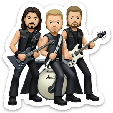 Icon for Metal Music: Metallica four band members detailed in their signature look. James Hetfield with guitar, Lars Ulrich on drums, Kirk Hammett with his electric guitar, and Robert Trujillo playing bass. Bold, energetic style, all in a heavy metal aesthetic. Transparent background. sticker