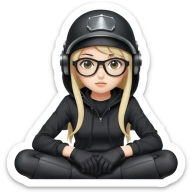 Anime girl in a black hoodie, wearing a military helmet with a built-in microphone, black glasses, and thigh-high stockings, sitting at high-tech controls with a focused expression sticker