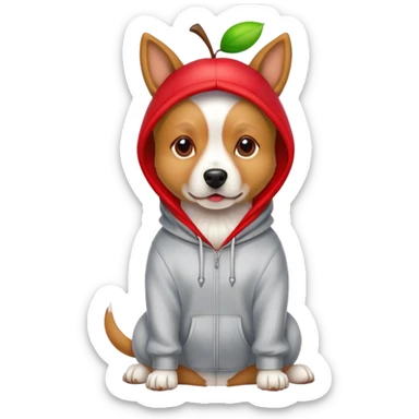 Dog wearing a hoodie and apple on his head sticker