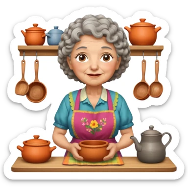 Apple iOS emoji-inspired rural old woman, chubby and friendly, short gray curly hair, flowery blouse, colorful apron, soft pastel colors, large expressive eyes, Chilean rural kitchen with wooden elements and clay pots, warm lighting, highly detailed and clean vector style sticker