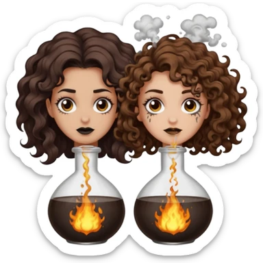 alchemy accident — long wavy brown hair tattooed woman and short tight curly brown hair woman — potion explosion soot faces sticker