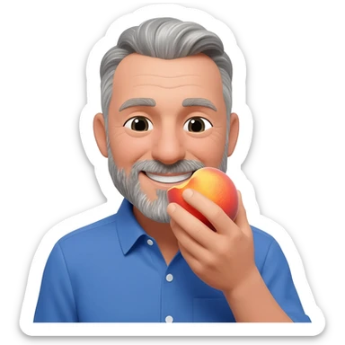 Bald guy with salt and pepper beard sucking on a very juicy peach sticker