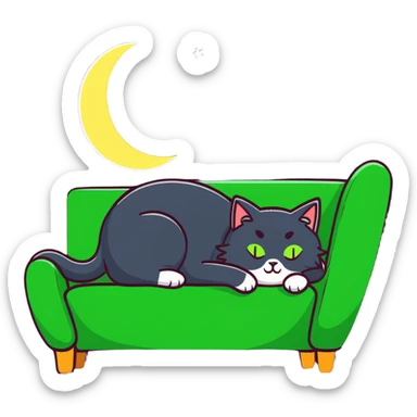 tricolor fluffy cat with big green eyes sleeping on a sofa with a moon above her sticker