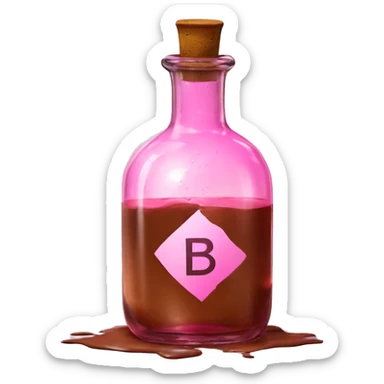 Mysterious Alchemical vintage glass potion bottle, exquisite bottle shape, old and shabby, with label, stylish and minimalistic, brown and pink, oil potion is poured out of the bottle, oil is spilled next to it sticker