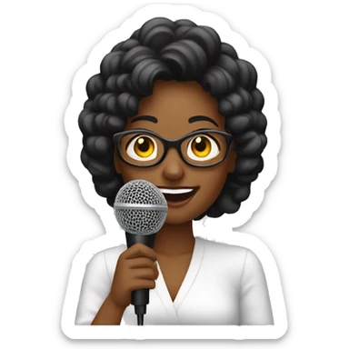Una mujer negra crespa hablando con un microfono como si fuera un podcast sticker