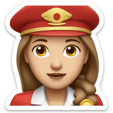 A white stewardess with long brown hair and brown eyes in a red uniform and a red beret sticker
