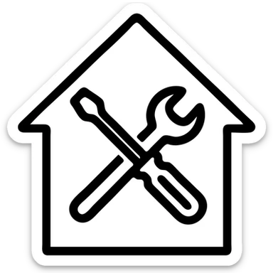 a screwdriver and wrench forming a house shape, modern icon style, minimal color, clean lines, suitable for app icon sticker