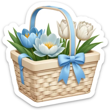 A white Picnic basket with pastel blue bow, white peonie, tulips sticker