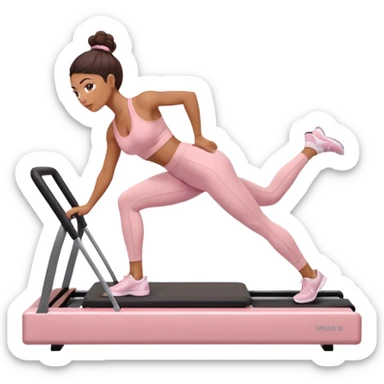 Mixed-race athletic woman with caramel skin, wearing pastel pink sports bra and leggings, doing Pilates on a reformer machine sticker