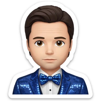 Sebastian Stan with dark brown hair, indigo sequin suit with bow tie sticker