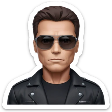 Schwarzenegger-like Terminator, upper body only, wearing his iconic clothes in black (all clothes must be black), looking more human with minimal robotic details, and wearing dark sunglasses, hair must be dark sticker