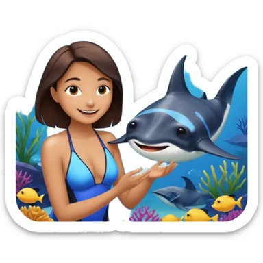 une personne qui est devant un aquarium où on peut carresser un raies menta sticker