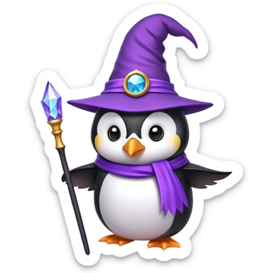 Penguin wearing a purple wizard hat and holding a magic wand sticker