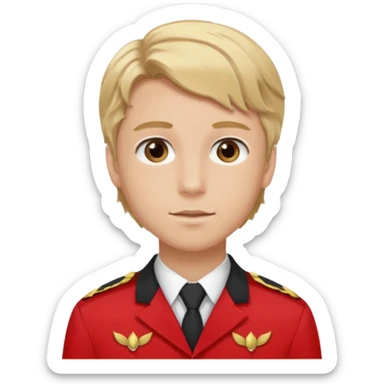 SARI SAÇLI SAÇININ YARISI SOLA DOĞRU DİĞERİNİN SAĞ TARAFTA AMA DÜZ DURAN KAHVERENGİ GÖZLÜ UZUN KİRPİKLİ BUĞDAY RENKLİ KIRMIZI ÜNİFORMALI BİR ERKEK ÇOCUK sticker