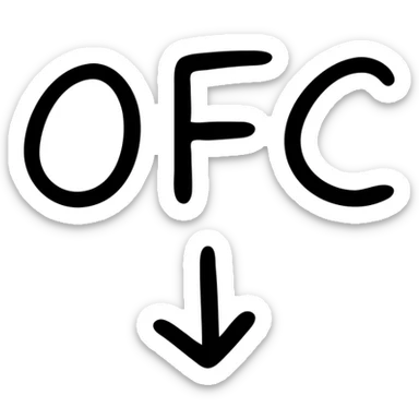 Letters OFC with a downward arrow underneath sticker