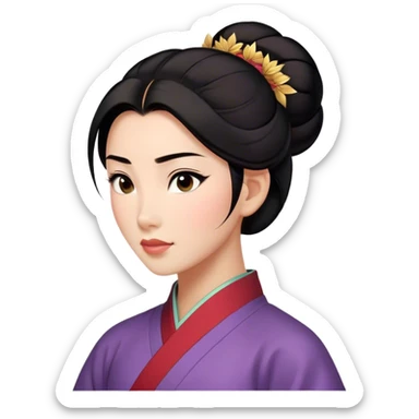 Cinematic Realistic Serene Mulan Portrait, showing Mulan (chest and above) with radiant, smooth skin and delicately detailed dark hair swept back in a neat bun. Her gentle, reflective expression is captured with soft natural lighting that highlights the nuanced textures of her features and traditional attire in muted hues. The composition glows with an inviting, natural radiance and subtle shadows, evoking a calm and introspective mood that speaks of quiet strength and enduring beauty. sticker