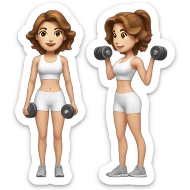 White beautiful fitness women with brown hair with dumbbells in their hands sticker