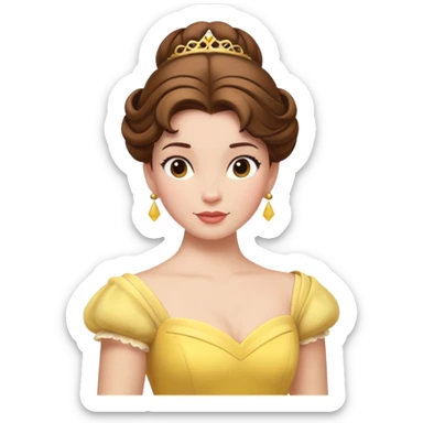 Belle princess from hips up, yellow ballgown, brown hair in updo, minimal style but clearly recognizable sticker