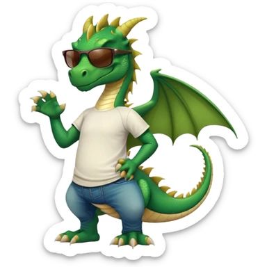 friendly anthropomorphised green dragon in a sports t-shirt and jeans with dark sunglasses, relaxed pose sticker