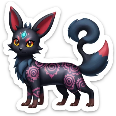 Shiny Exotic Badass Colorful Ethereal Royal Mysterious Gothic Umbreon-Zorua-Litten-Noibat-Pokémon-Fakémon-hybrid-creature (full body) with random pattern-markings sticker