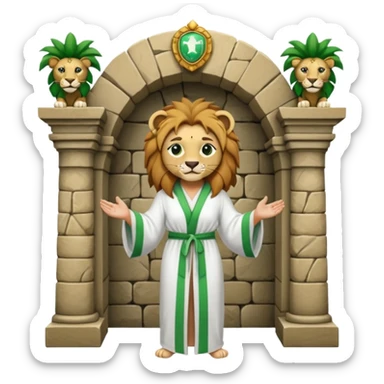 Un drapeau  avec 2 bande verte qui et une bande blanche au milieu avec une femme avec 1 lion de chaque coter d’elle sous un arc en pierre  sticker