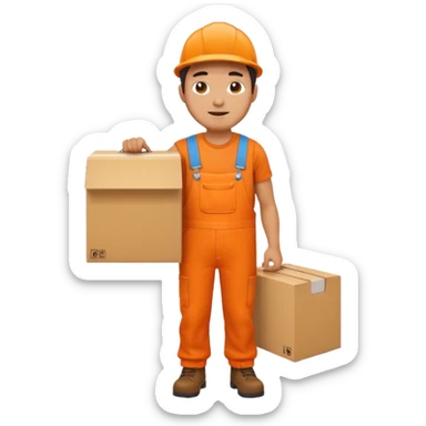 man orange overalls carrying a large box sticker