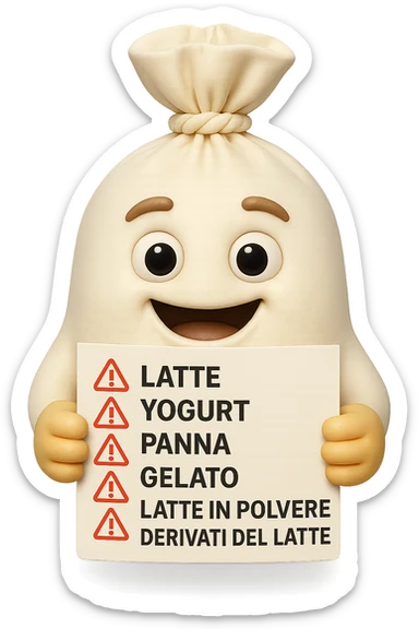 SU QUESTO STILE FAI UN EMOJI STILE IPHONE 3D DI UNa busta di mozzarelle con ETICHETTA CON GLI INGREDIENTI SCRITTI, "latte, yogurt, panna, gelato, latte in polvere, derivati del latte." accanto ad ogni nome scritto mettici un segnale di allarme, FALLO MOLTO REALISTICO IN 3D sticker