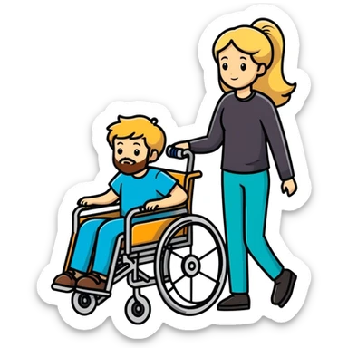 Single Boy in wheelchair with a beard with single long blonde haired mom pushing sticker