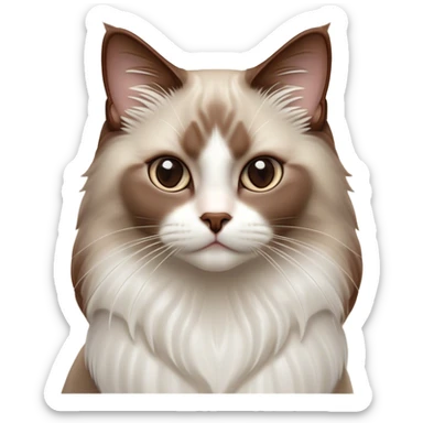 Cinematic Chocolate-Point Ragdoll Cat Portrait Emoji, Elegant and alert, sleek brown and white tones with a distinct white nose, Simplified yet sharp features, highly detailed, glowing with a warm, confident glow, high shine, intelligent and poised, stylized with an air of grace, focused and attentive, soft glowing outline, capturing the essence of calmness and elegance, so lifelike it feels as though it could spring into motion with a gentle, poised presence at any moment! sticker