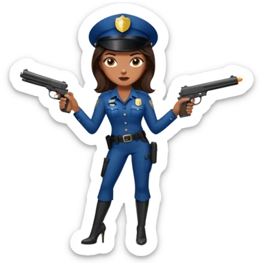 A sexy girl. with caramel skin. Dark brown hair and brown eyes. She has freckles. Wearing sexy makeup. Dressed as a sexy cop. Wearing heels. Holding a gun sticker