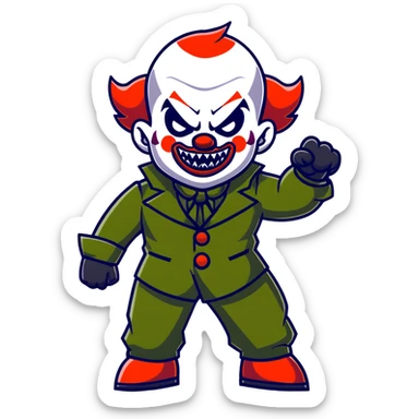 evil clown warrior, bald, small black satan-like horns on forehead, fangs, pointed ears, eye patch over one eye, black and military green leisure suit with bellbottom pants, realistically proportioned, less bulky, full body, battle-ready fighting posture sticker