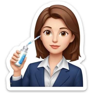 Mom with brown hair in business suit drinking milk and holding a vaccine syringe sticker