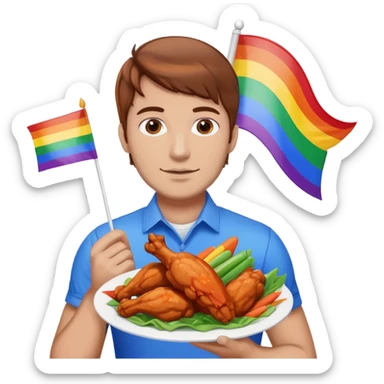 Guy with brown hair holding buffalo chicken wings and a gay pride flag sticker