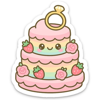 pastel rainbow wedding cake with strawberries, pink roses, gold ring topper, kawaii style sticker