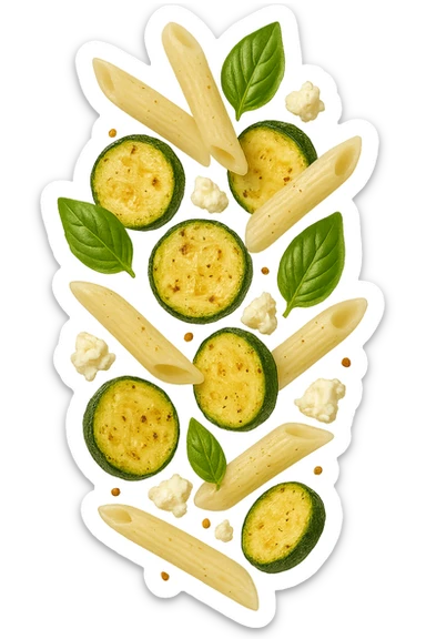 EMOJI STILE IPHONE DI Pasta di riso con zucchine, basilico e feta cade verticalmente, iperrealistica 4k sticker