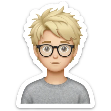 Twink with blonde messy hair and glasses, white skin and a grey sweater sticker