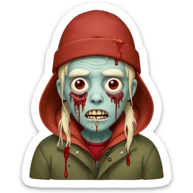 Local alaskan who has turned it zombies in the style of the walking dead, with rotting flesh and dripping blood but distinctively Alaskan. In the style of your bleeding skull art but Alaskan zombie. sticker