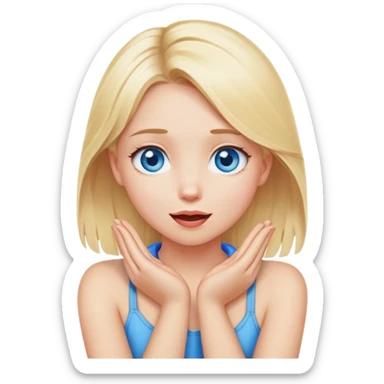 blue eyed blonde girl with hands crossed around neck and tongue out and looking up  sticker