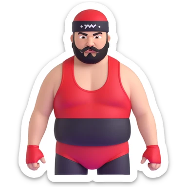Close-up of very fat white skin guy with young face, beard and mustache, no muscle with prominent black durag, black eyes in a red and black wrestling singlet with angry face sticker