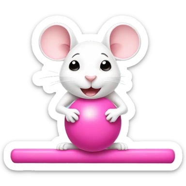 Cute white mouse doing pilates with pink weights sticker