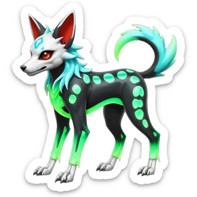 Hyper realistic slim eledemonic skeletal black and neon green futuristic shiny colorful bioluminescent cyber-Poochyena-Lycanroc-Zorua-Litten-Houndoom-Fakémon-Pokémon-Digimon-hybrid-fusion (full body) with a skull face sticker