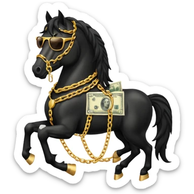 Black Horse looks gangster with Golden chains, sunglasses and Holds money sticker