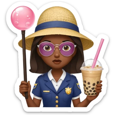 A Angry Teen Female with Dark skin and Bald, oval face, wearing a Uniform outfit, a Sunhat, Sunglasses, carrying a Enchanted staff, working as a teacher, while drinking Bubble tea and reading a Comic.
 sticker