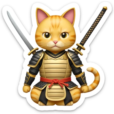 Yellow cat dressed dressed in a samurai armor while in a defensive position  sticker