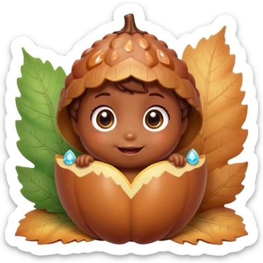 Cinematic tiny happy acorn, glossy brown, soft glowing highlights, tiny adorable face with big sparkly eyes, sitting on a pastel leaf, warm and cheerful. sticker