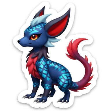 Colorful patterned esoteric shiny glowing scaly scary cool badass edgy Zorua-Absol-Salandit-fusion (full body) sticker