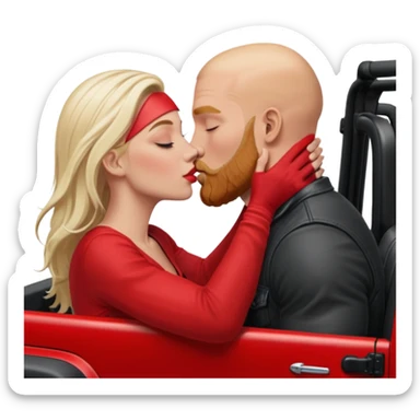 intimate moment between lovers, JetSetFly , photo Realistic Couple, white blond women with long  balayage hair & kissing bald white muscular man with ginger Beard  in a red Jeep Wrangler  sticker